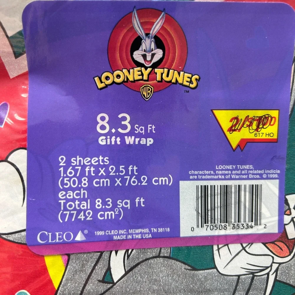 Vintage 90s Gift Wrap Looney Tones Square New Set of 3 Valentine's Day Theme
